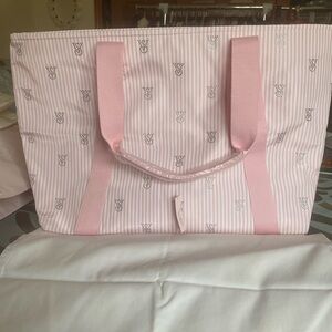 Victoria's Secret Pink Striped Tote with Silver Glitter Logos